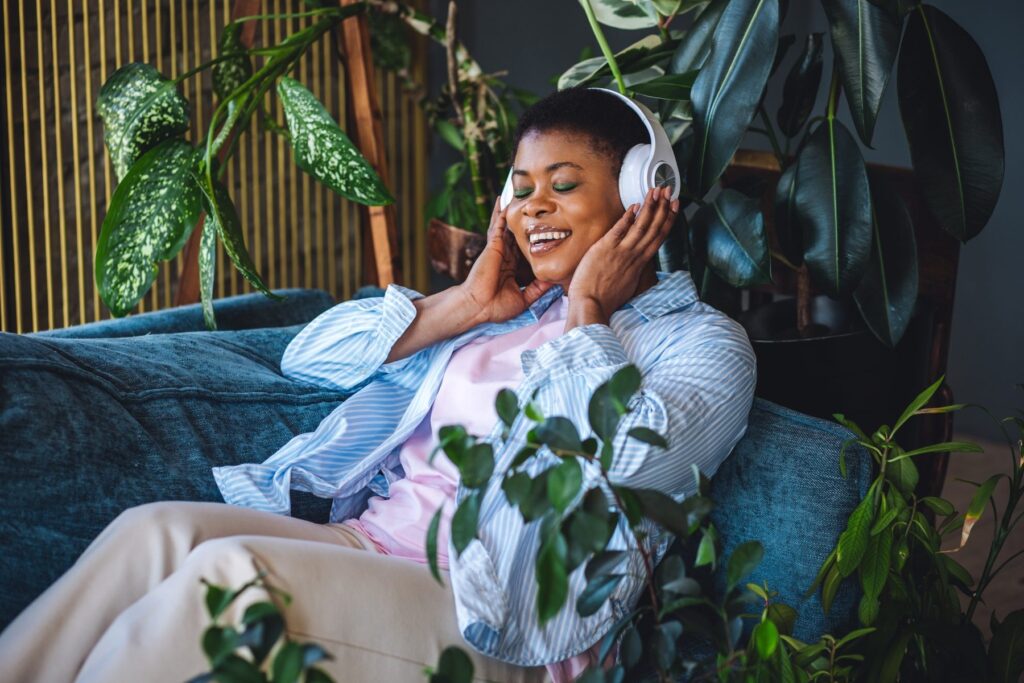 Woman relaxing at home, representing mental space beyond weight and food